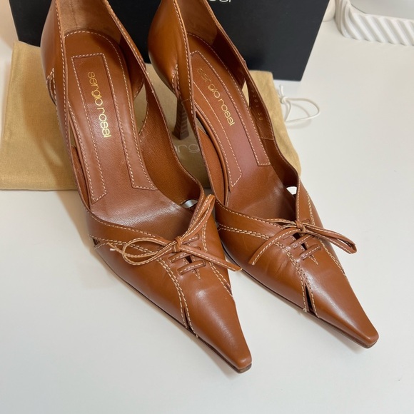 Sergio Rossi Tan Leather Pointed Toe High Wooden Stiletto Heels - Picture 3 of 15